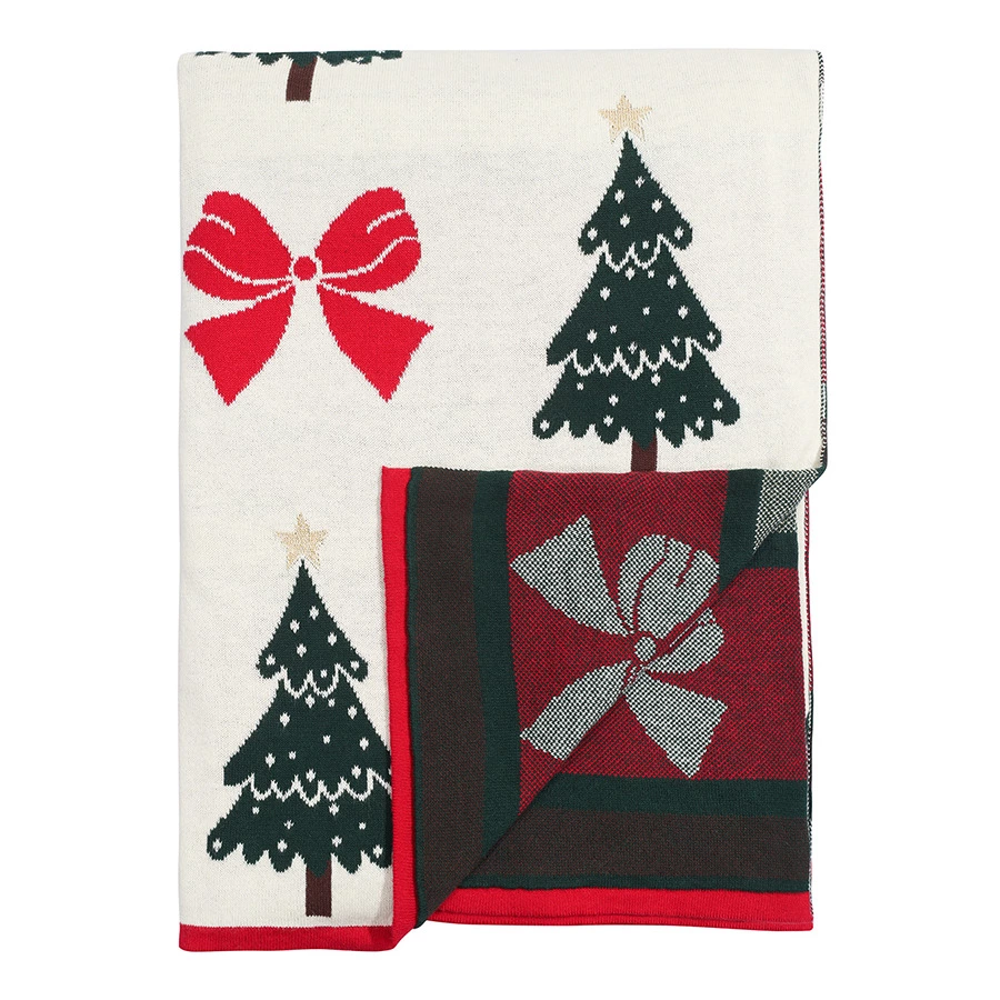 Плед из хлопка с новогодним рисунком Tkano Christmas Bows New Year Essential, 130x180 см