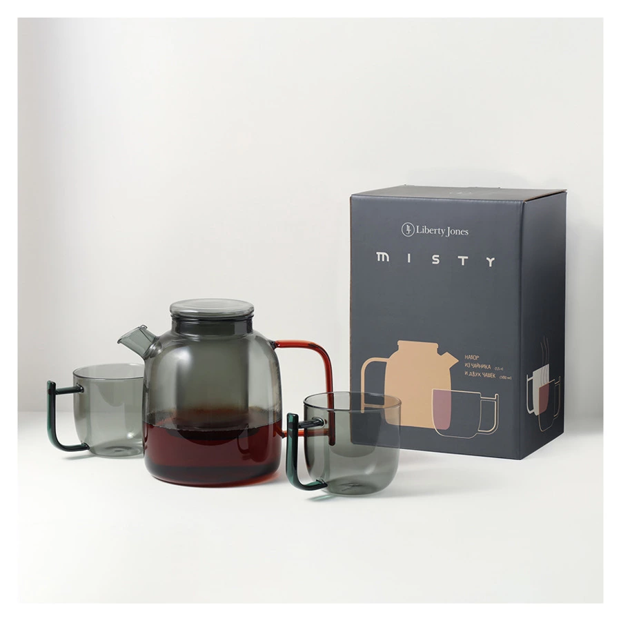 Набор из чайника и 2-х чашек Liberty Jones Misty 1,5л, 2 х 380мл, стекло, серый