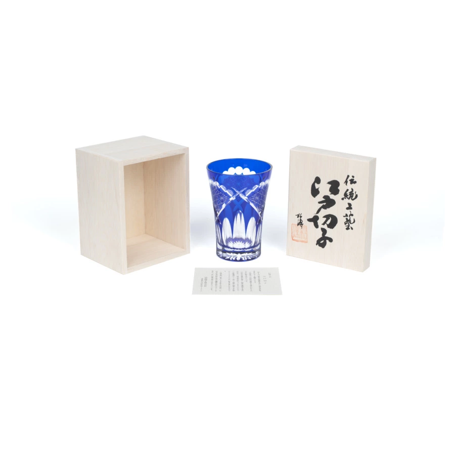 Стакан Tajima Glass Хризантема и веер 240 мл, стекло, лазурный, деревянная коробка