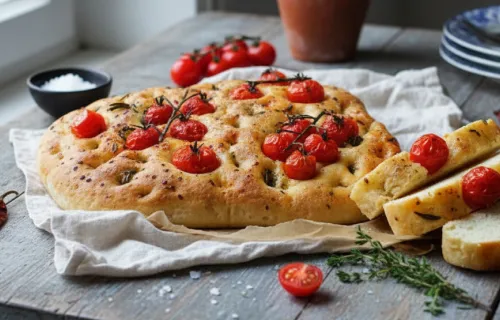 Фокачча с розмарином, оливками и томатами